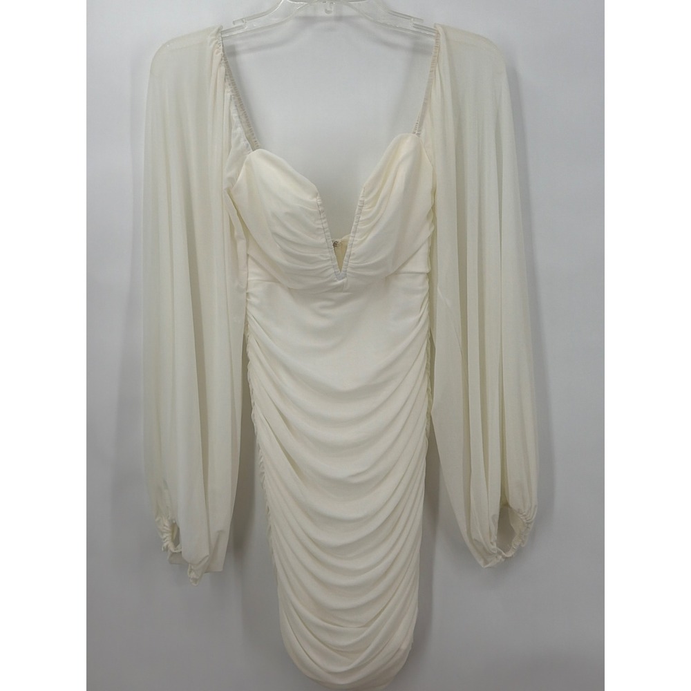 12th Tribe LD8121 Cream Ruched Mini Dress Sheer Balloon‎ Sleeve White Small